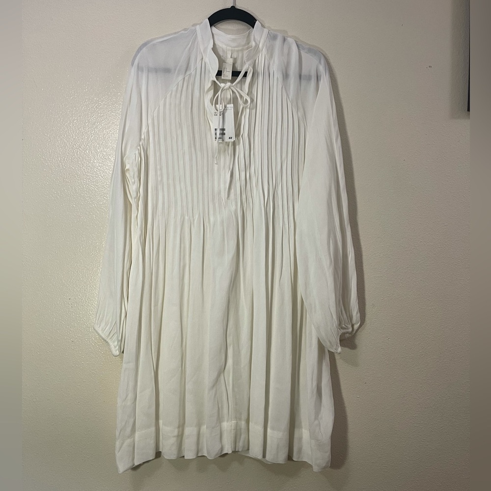 H&M HM White Long Sleeve Pleated Plisse Babydoll Boho Dress Size US 12 NWT